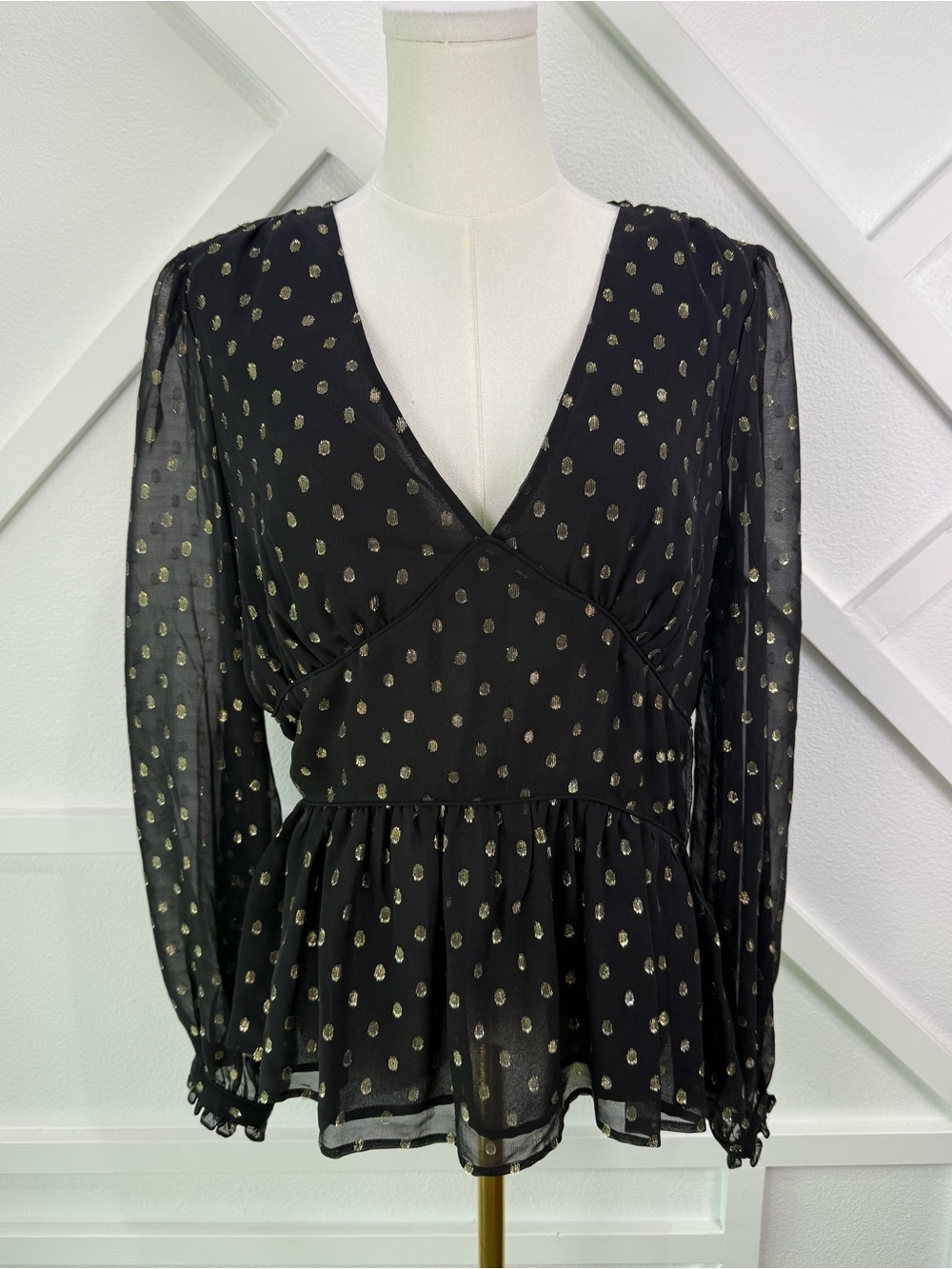 NWT A Loves A Black Gold Metallic Polka Dot Silk Peplum Blouse Top Sz Large